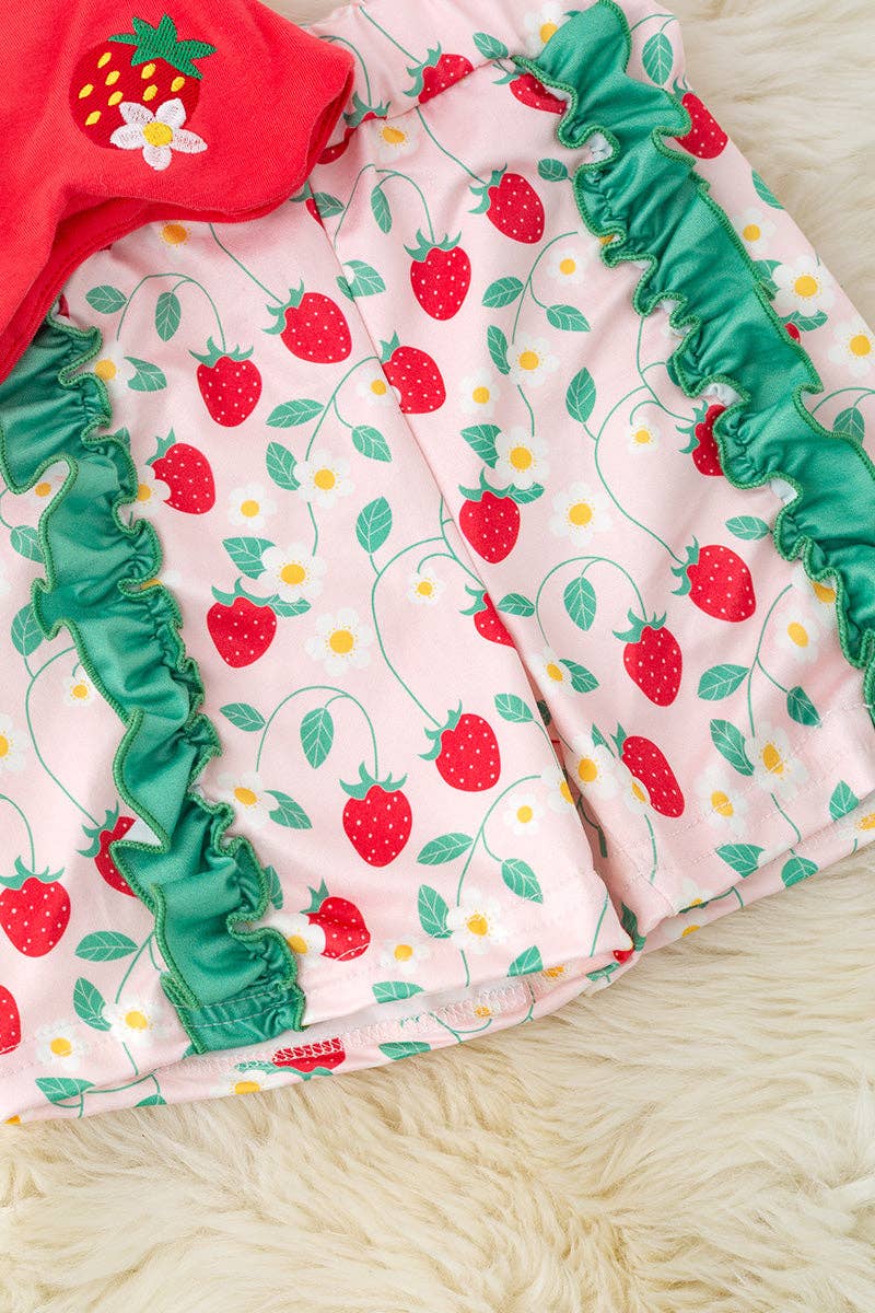 Kids Charm Online - Wholesale Top & Short Set - Kids - Red scalloped trim strawberry applique top & cream strawberry shorts.1