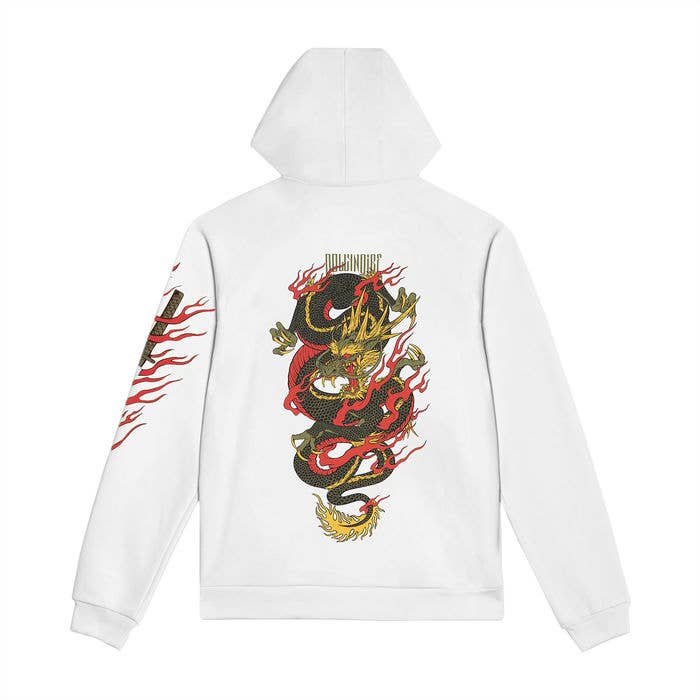 Sweat à capuche Ryu Dragon, blanc. 65 % coton, 35 % polyester pour la vente par Dolly Noire