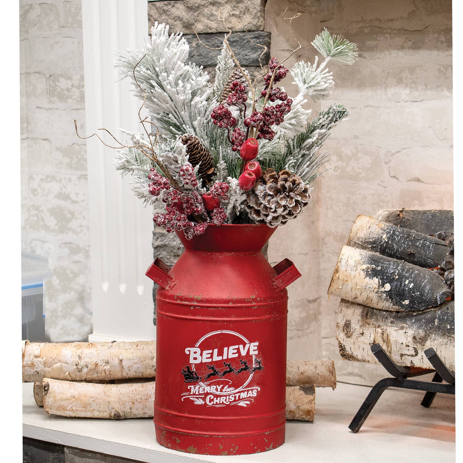 Col House Designs - Wholesale Christmas Decoration - Distressed Red Metal Believe Santa & Reindeer Milk Can1