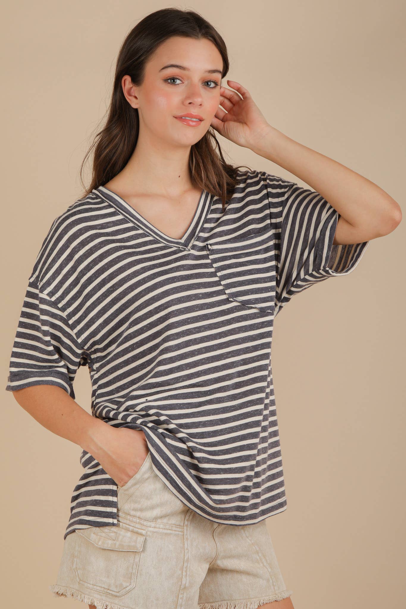 VERY J - Wholesale Knit Top - Women's - NT12167-Oversized Stripe Casual V-Neck Knit Top24