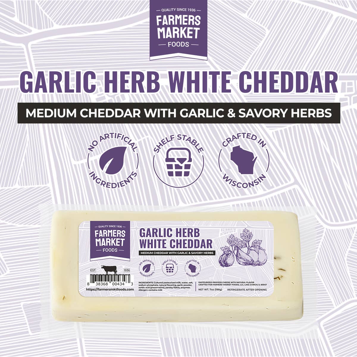 Farmers' Market Foods - Wholesale Cheese - Garlic Herb White Cheddar 7oz (Shelf Stable)2