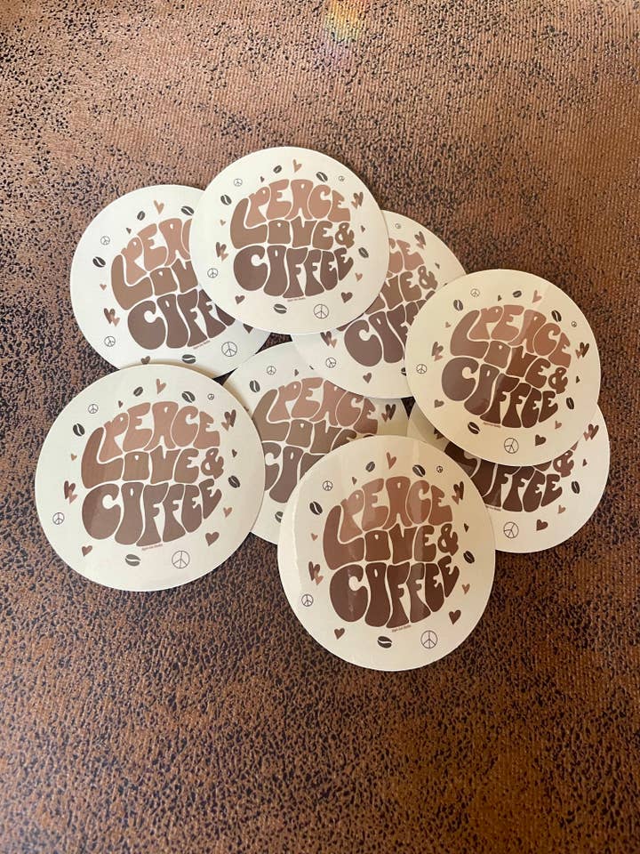 Peace Love & Coffee, coffee stickers, coffee bean, latte for wholesale by Hippie Lou Studio