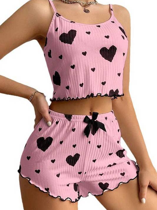 HIDDENBRAND - Wholesale Lounge Set - Women's - Valentines Red Heart Print cami short pajama Lounge Set2