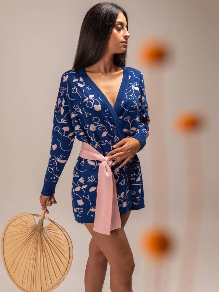 Hanami blue and pink merino wool kimono jacket for wholesale by Magical Crisálida