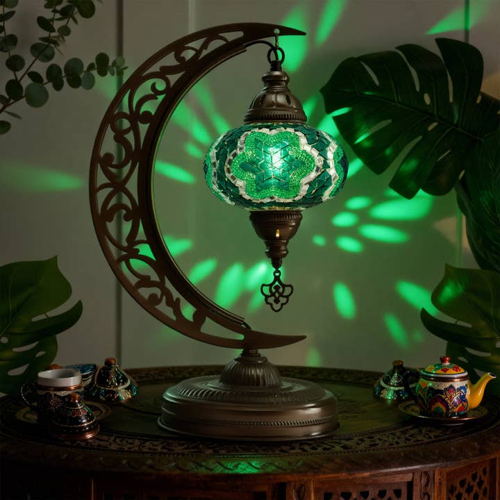 Turkish Mosaic Crescent Table Lamp (Emerald Green) for wholesale by Mozaist LLC