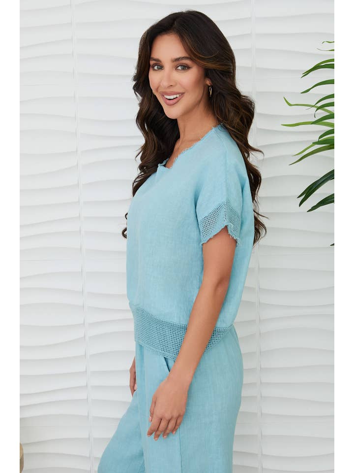 MILIO MILANO - Wholesale Blouse - Women's - MESH SLEEVE/HEM CREW NECK LINEN TOP (13996/155023)5