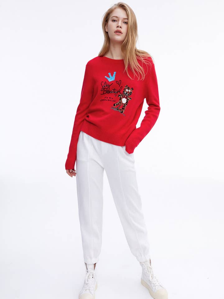 Girocollo in cashmere rosso 'Tiger Queen' per la vendita all'ingrosso da parte di Urlazh