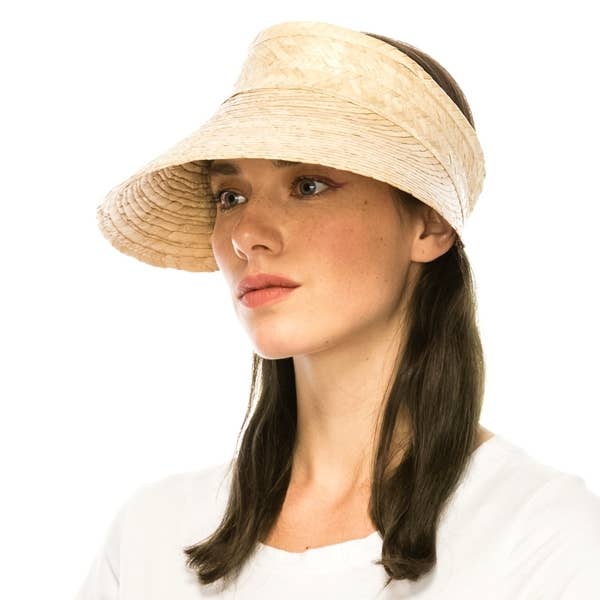 Natural palm leaf sun visor with a generous 5-inch brim for wholesale on Faire0