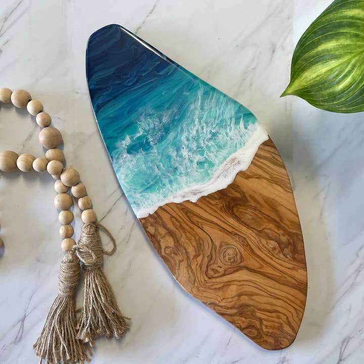 Olive Wood Charcuterie Board, Coastal Home Decor, Ocean Art for wholesale by WLB Designs