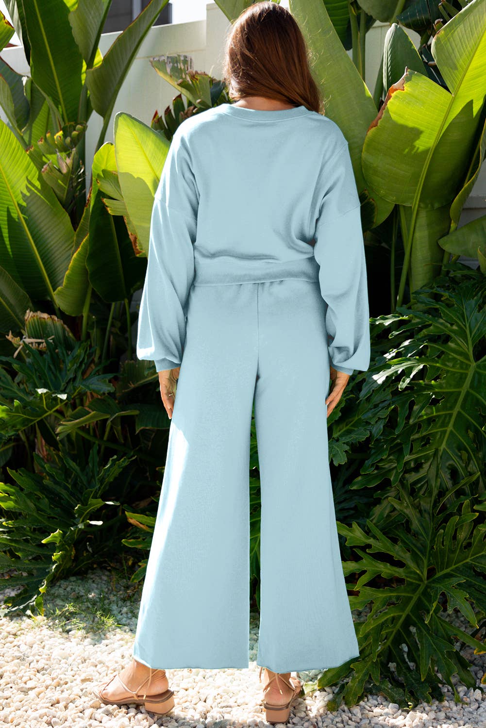 Mist Blue Drop Shoulder Puff Sleeve Crop Pullover Drawstring Wide Leg Pants Set for wholesale on Faire2