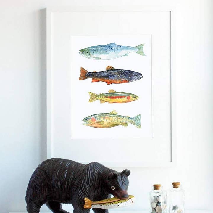 Studio Tuesday – Großhandel Kunstdruck – Aquarellkunst-Druck Forelle und Lachs, Fliegenfischer-Malerei2