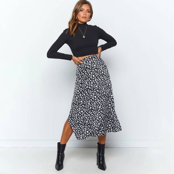 HIGH WAIST LEOPARD CHIFFON PRINT SLIT MIDI SKIRT_CWBSS0377 for wholesale by ACCITY