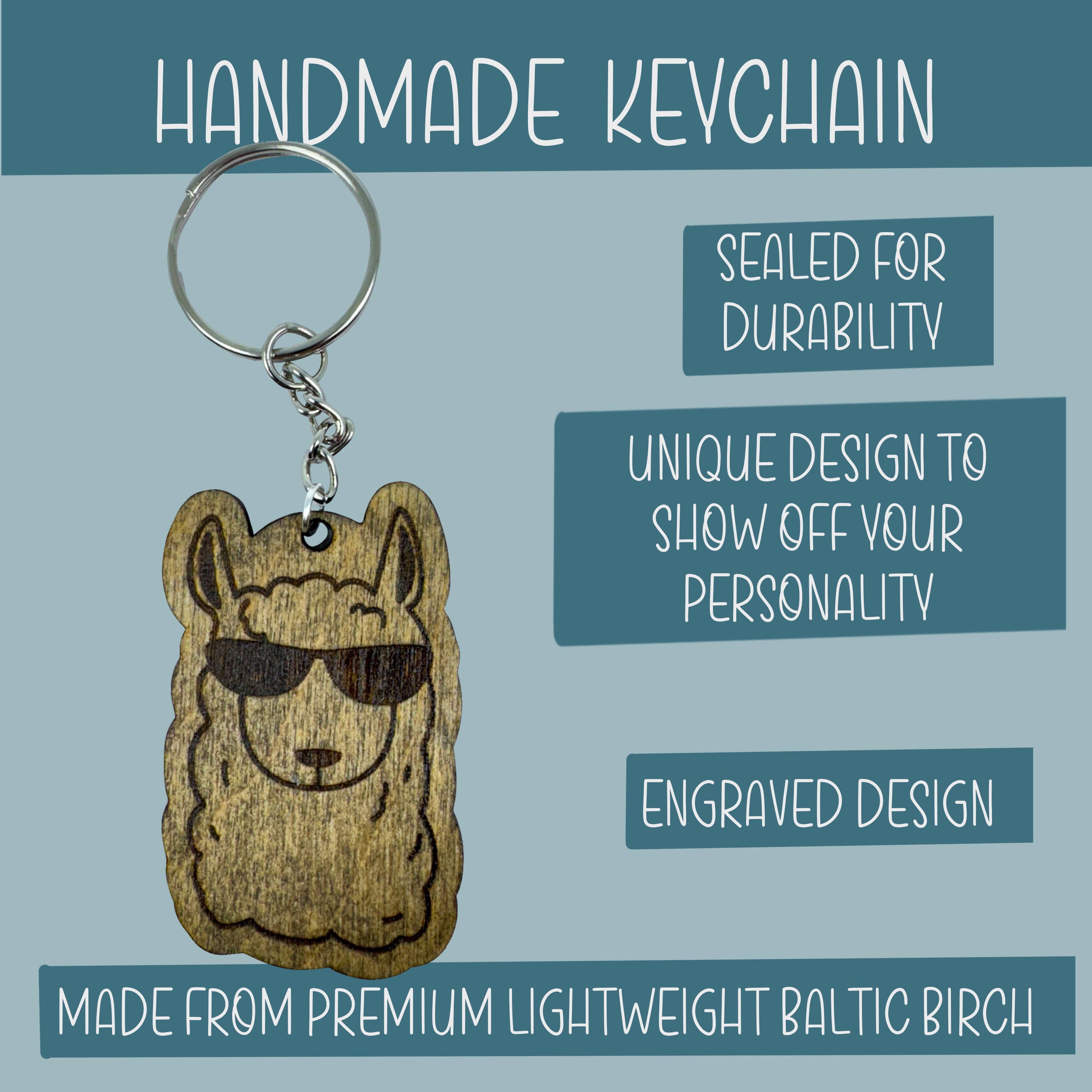 Art by Erica H & Rebel Stitchers - Wholesale Keychain - Unisex - Handmade Wooden Alpaca Keychain – Engraved with Sunglasses1