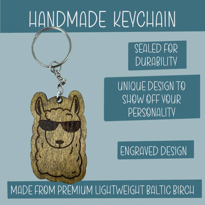 Art by Erica H & Rebel Stitchers - Wholesale Keychain - Unisex - Handmade Wooden Alpaca Keychain – Engraved with Sunglasses1