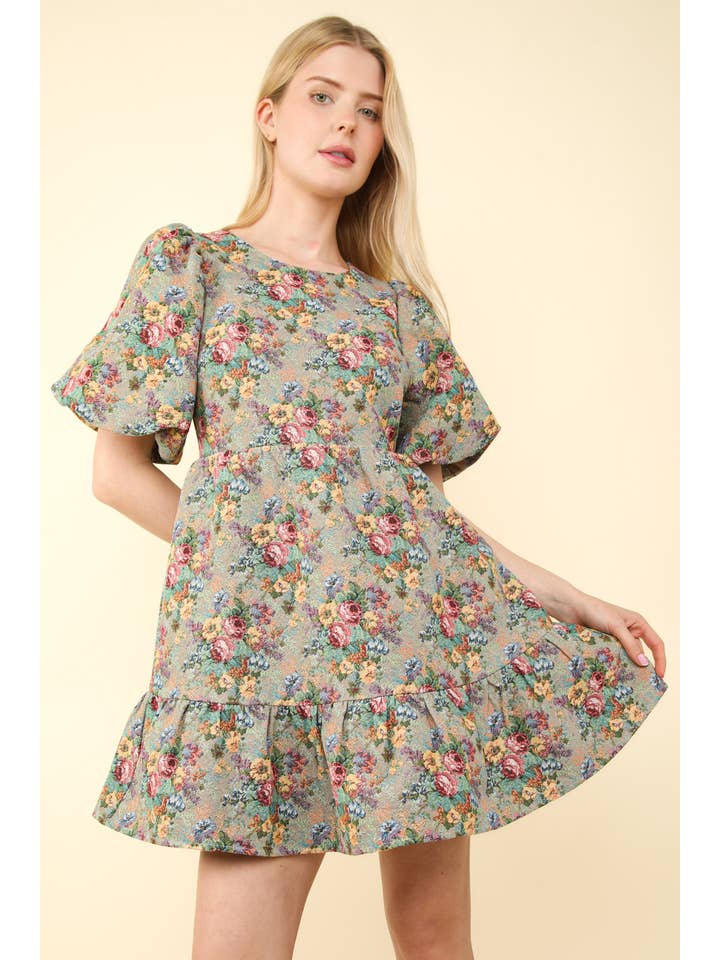 VERY J - Wholesale Dress - Women's - ND31478-Floral Jacquard Fabric Holiday Mini Dress