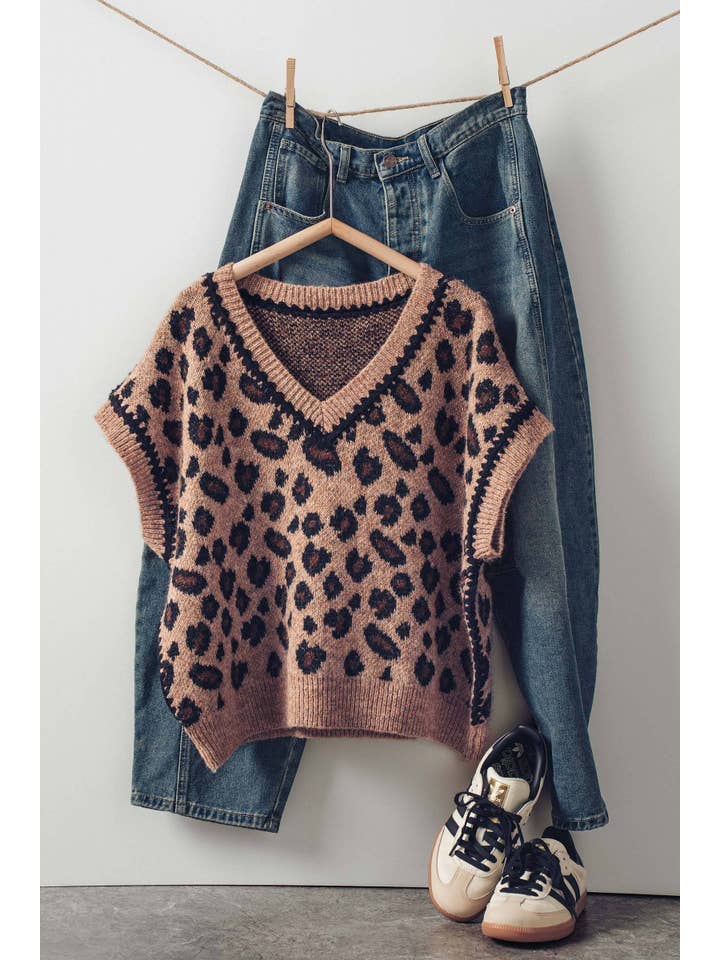 Urban Daizy - Wholesale Sweater Vest - Women's - Leopard Crochet Trim Sweater Vest2