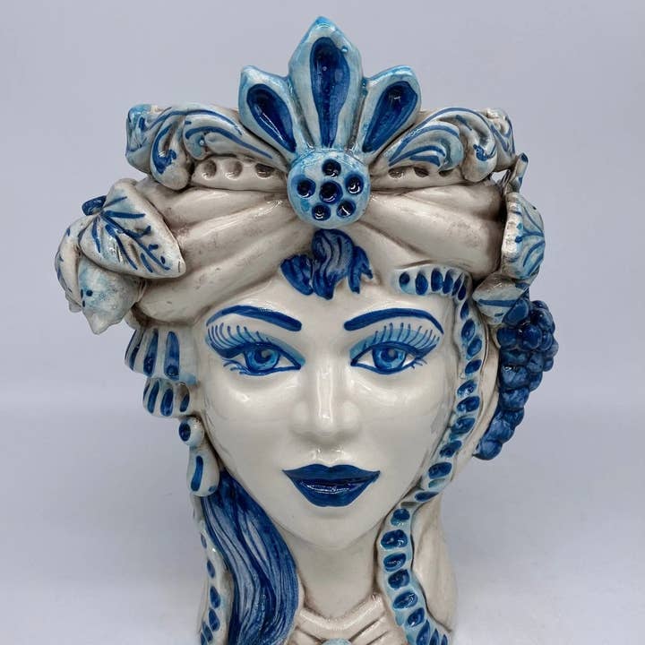 DD Ceramiche Siciliane - Wholesale Vaas - Classic Moor's Head Caltagirone Keramiek cm H.27 L.20 Handgemaakt Wit Blauw