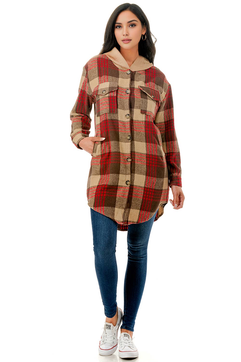 Color 5 - Wholesale Shirt Jacket/Shacket - Women's - Red beige plaid flannel long shacket with hoodie and pockets8