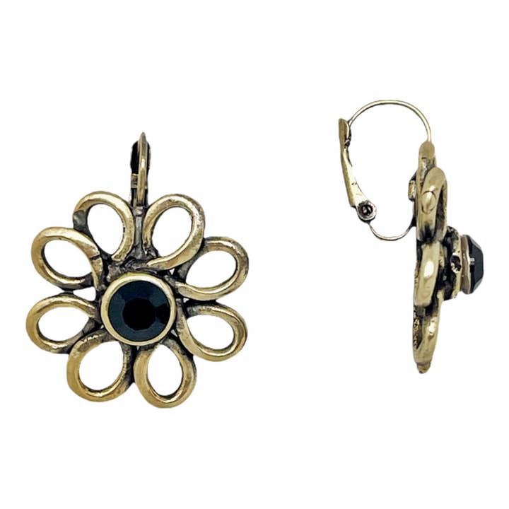 Orecchino a fiore in oro con cristallo Sw in nero per la vendita all'ingrosso da parte di Gloria Mago