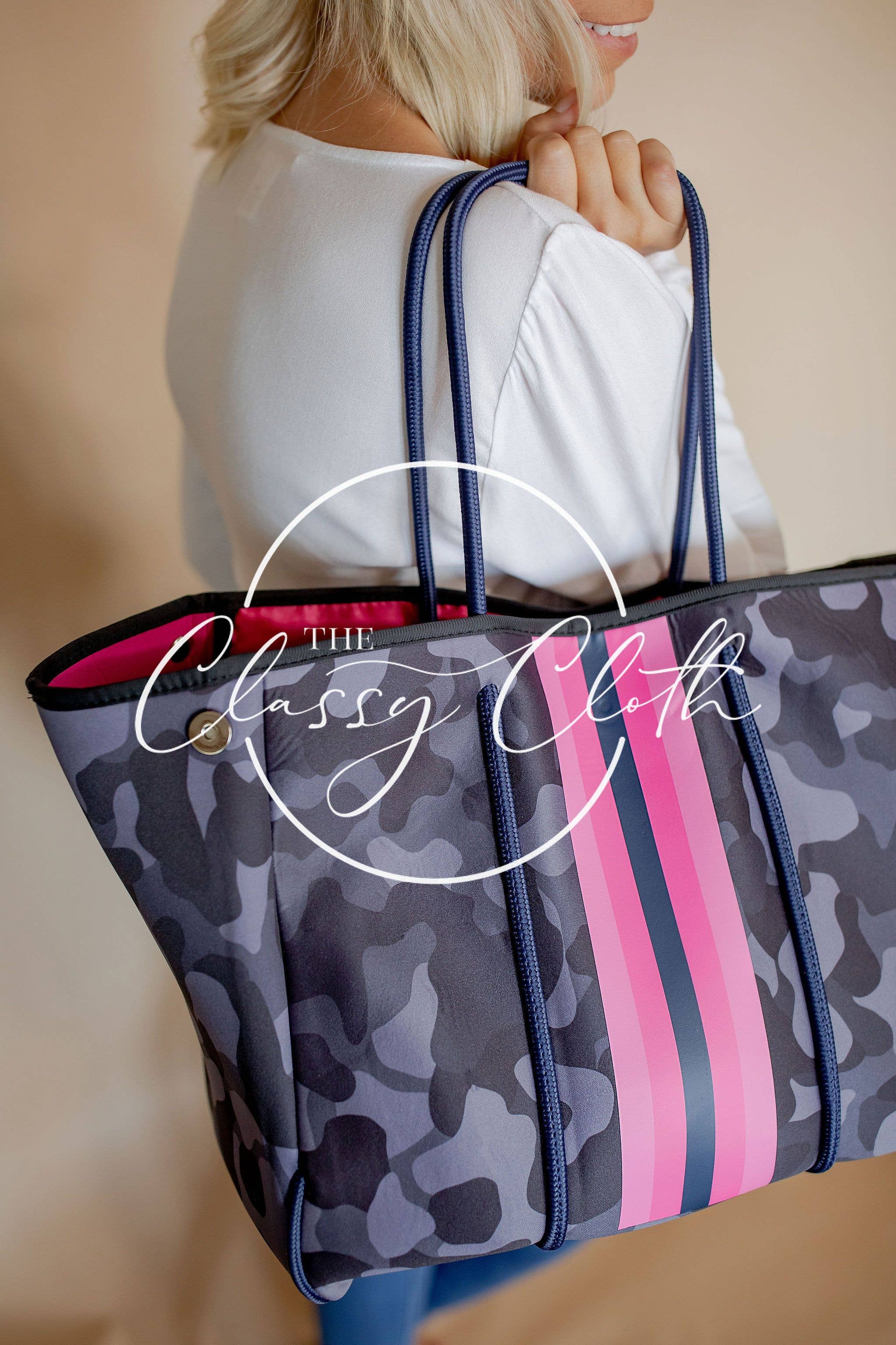 The Classy Cloth WS – Saco de praia por atacado – Saco Praia - Camo Cinzento Roxo c/ RTS Rosa RTS1