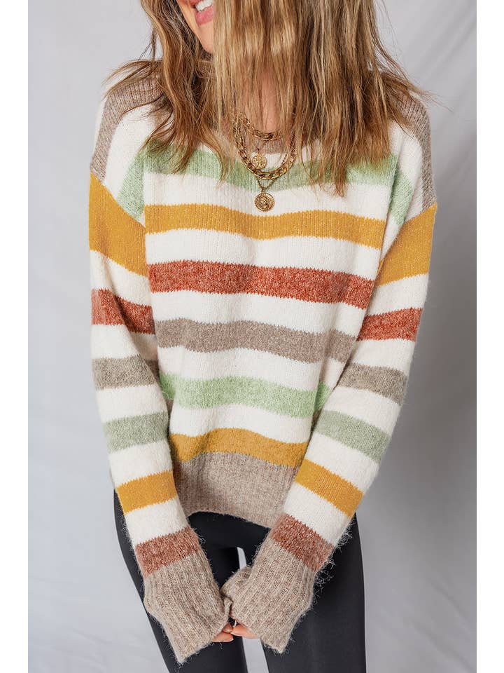 Multicolour Stripe Colorblock Drop Shoulder Crewneck Sweater for wholesale on Faire3