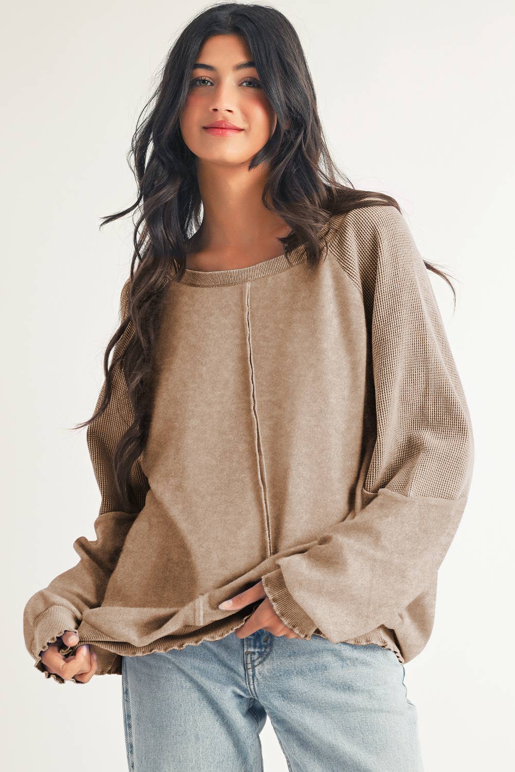 Little Daisy Closet - Wholesale Sweatshirt - Women's - LDC Waffle Knit Patchwork Exposed Seam Raglan Sweatshirt0