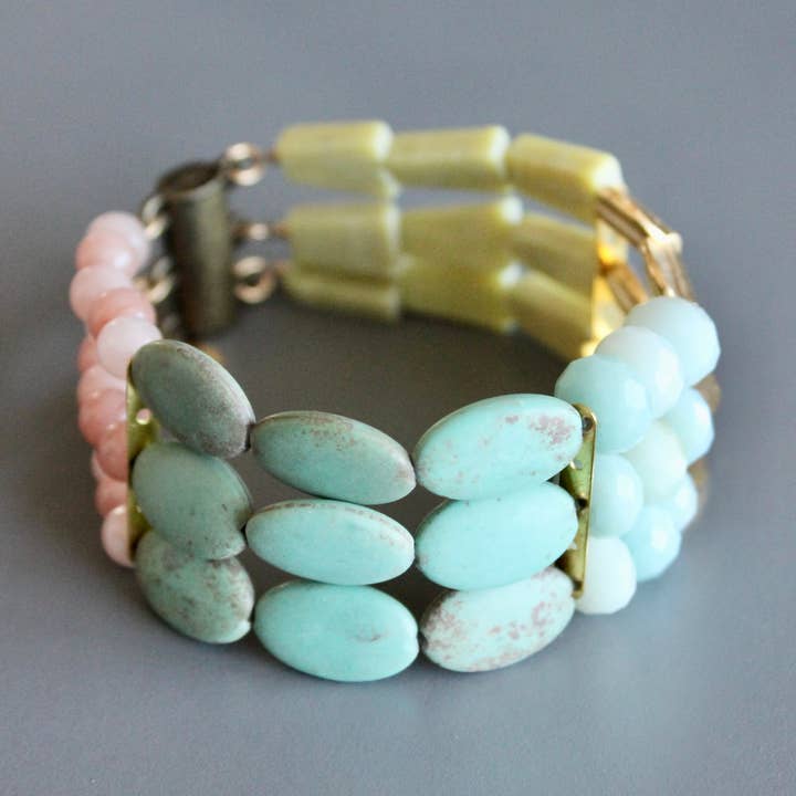 David Aubrey Jewelry - Wholesale Beaded Bracelet - MLNB07 Blush pink, turquoise, and yellow jade bracelet0