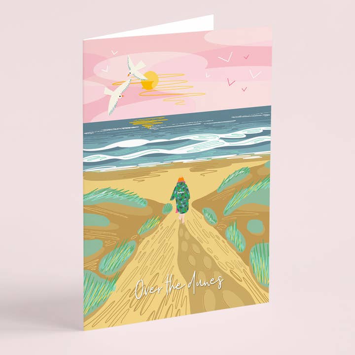 Onneke – wholesale Everyday greeting card – Over the dunes greeting card - wild swimming card dry robe1
