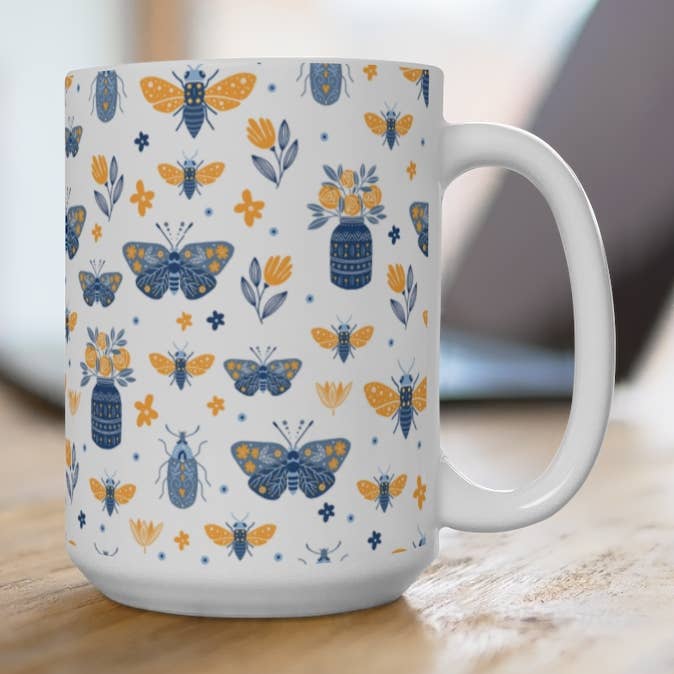 Blue and Yellow Butterflies, Bugs and Florals Mug for wholesale by Erin Decker Creative