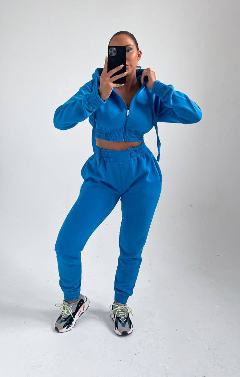 Femme Luxe - Wholesale Lounge Set - Women's - Blue Cropped Zip Front Elasticated Hem Hoodie And High Waisted Jogger Loungewear Set - Addisyn5