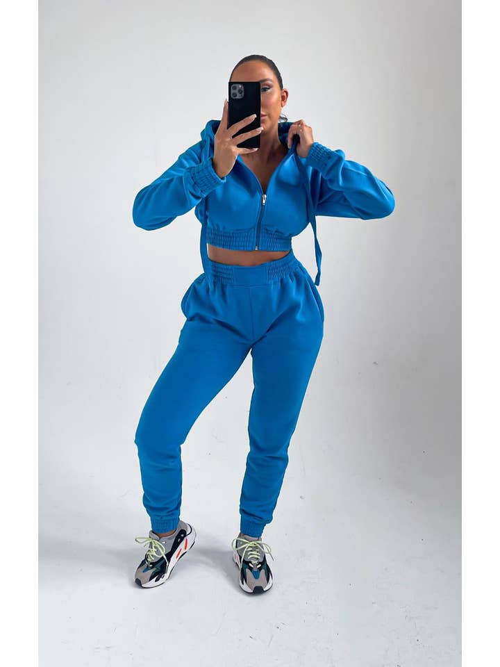 Femme Luxe - Wholesale Lounge Set - Women's - Blue Cropped Zip Front Elasticated Hem Hoodie And High Waisted Jogger Loungewear Set - Addisyn5