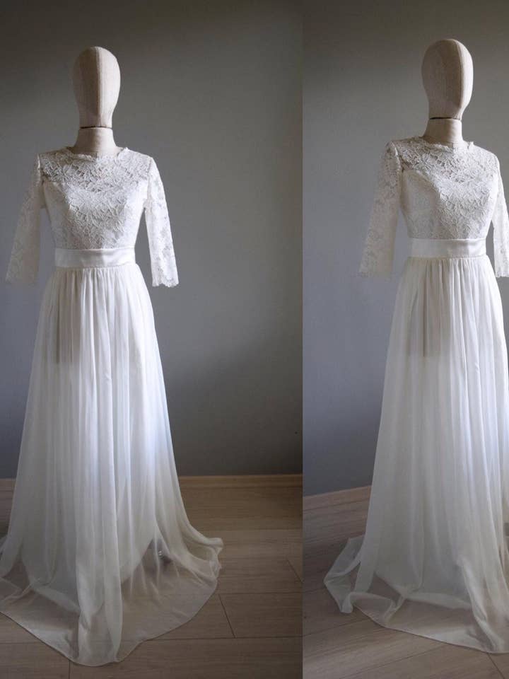 Handmade Charming Chiffon with Top Lace White Bridal Dress for wholesale by Modayladans
