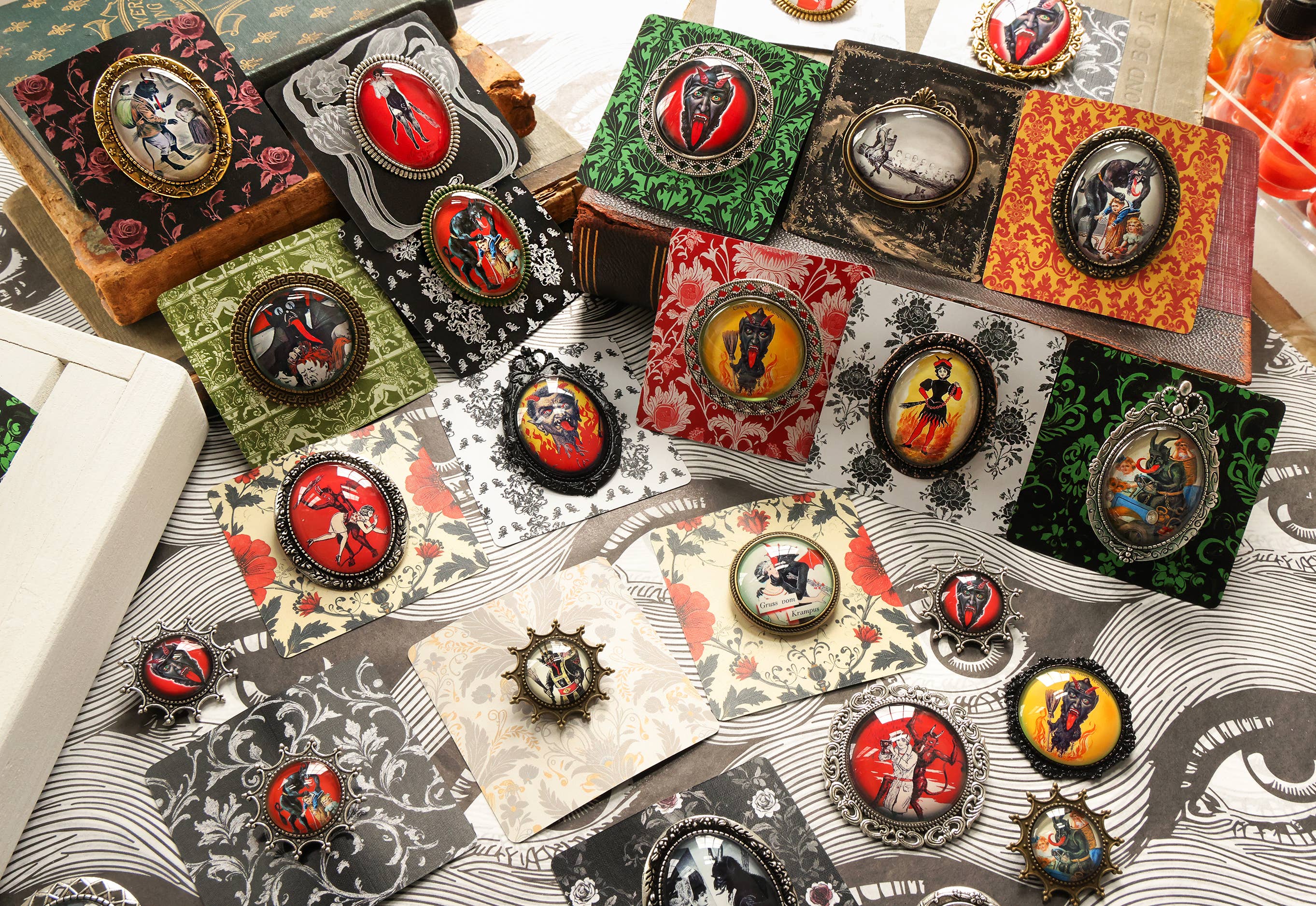 Asunder Bazaar - Wholesale Brooch - 20pc Krampus Brooches on Cards5
