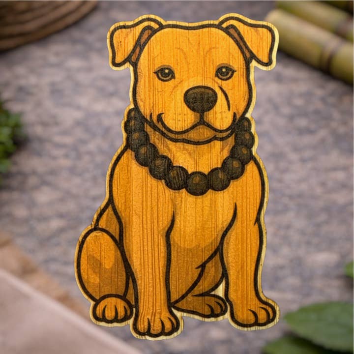 Pitbull w/kukui nut lei for wholesale by Bamboo Wood Stickers