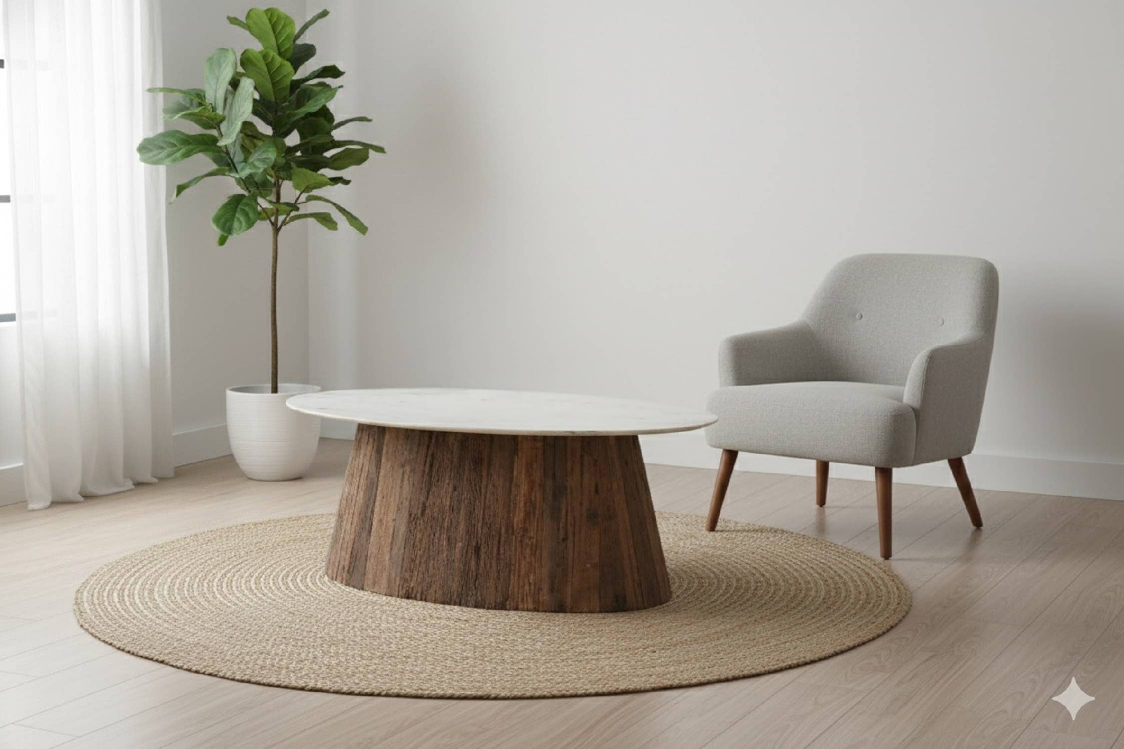 Oval Wood Coffee Table with Marble Top H 18" & Dia 28" for wholesale on Faire7