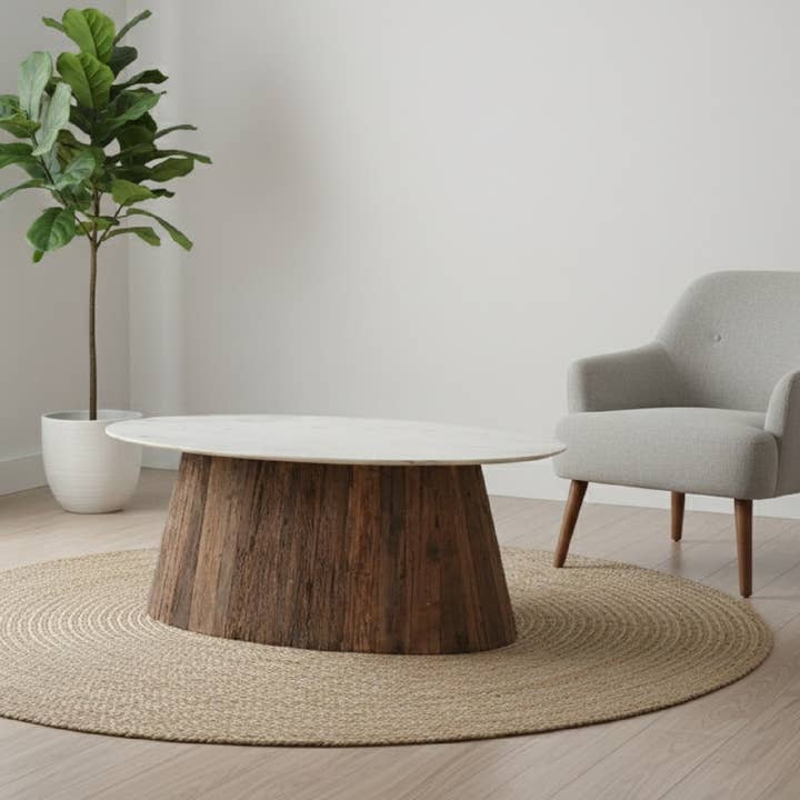 Oval Wood Coffee Table with Marble Top H 18" & Dia 28" for wholesale on Faire7