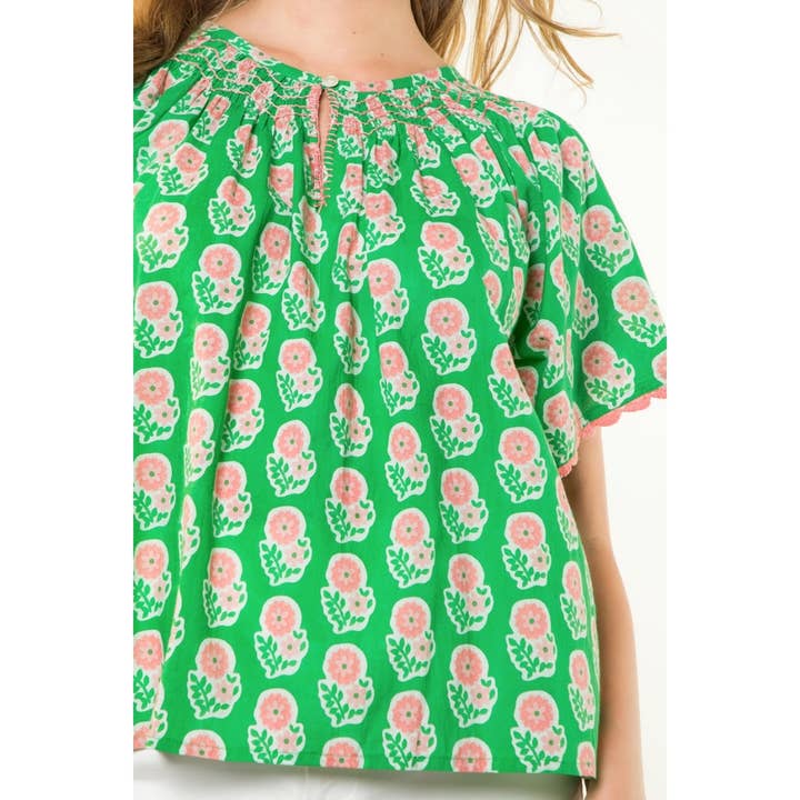 GREEN Flower Print Shirred Neck Top for wholesale on Faire