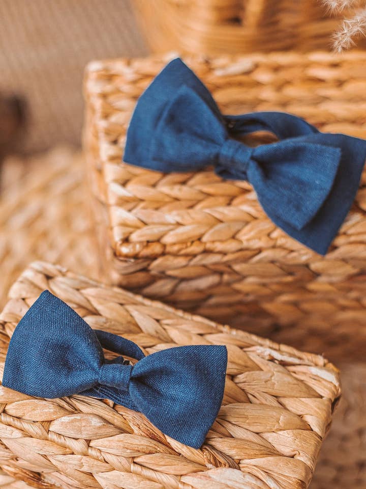 Blue Matching Clipon Linen Bow Ties, Party Outfit Necklace Accessory With Straps, Organic Adjustable Pre-tied Big & Small Necktie for Shirt for wholesale by Matrinna