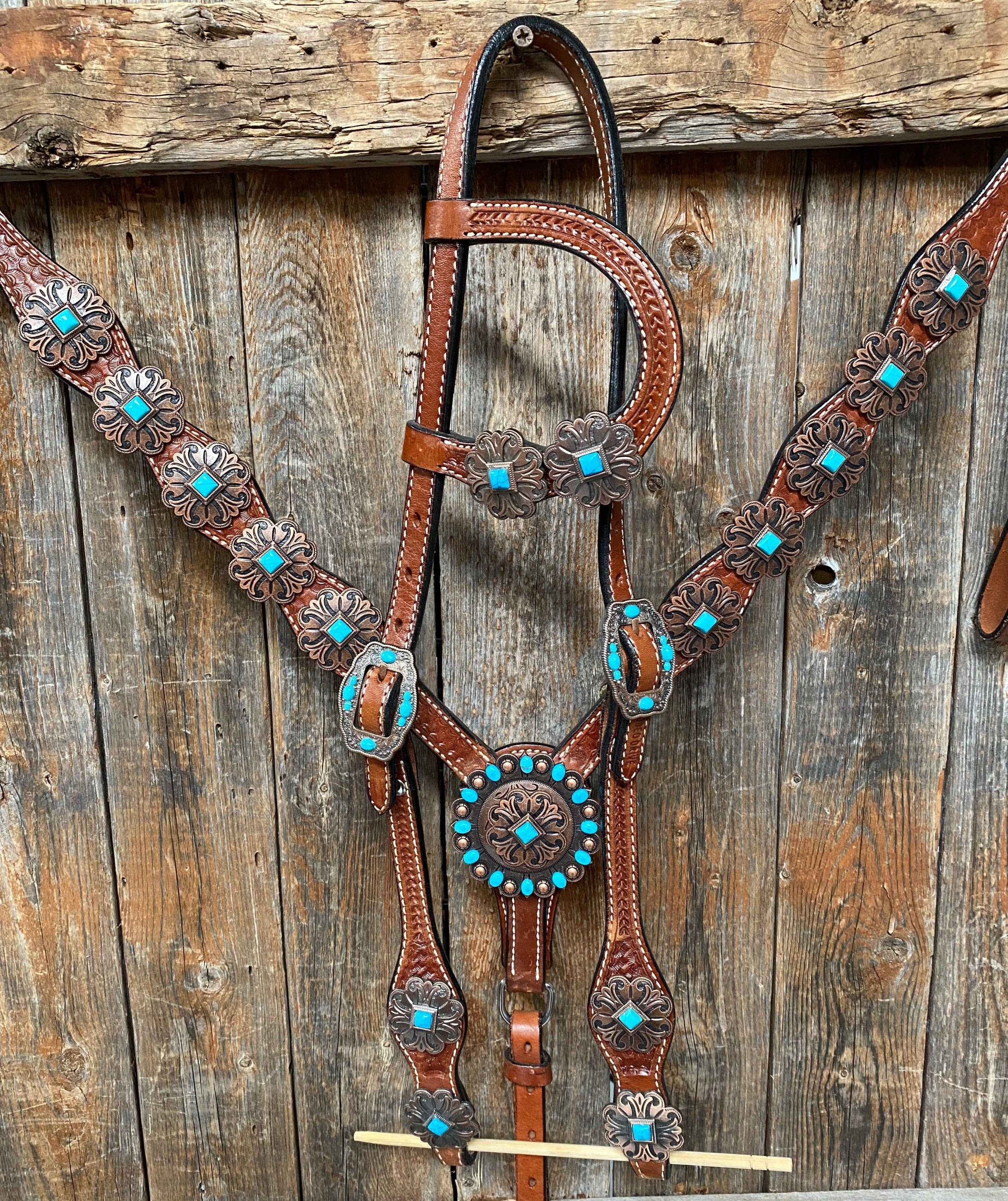 Rodeo Drive - Wholesale Horseback Riding Gear - Medium Basketweave Turquoise One Ear & Breastcollar Tack Set #OEBC4450