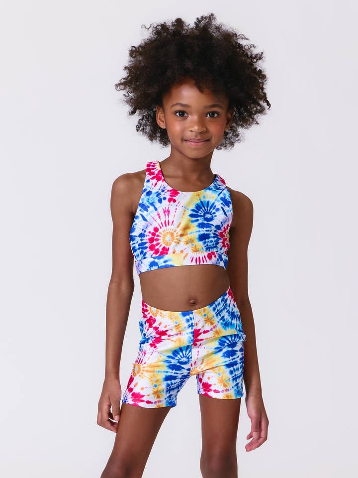 Girls Hi-Shine Sports Bra in Starburst Tie Dye for wholesale by Terez