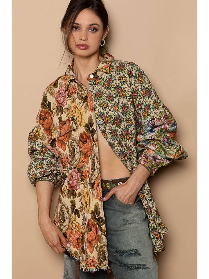 ORANGE MULTI Vintage wash floral pattern jacquard shacket for wholesale on Faire