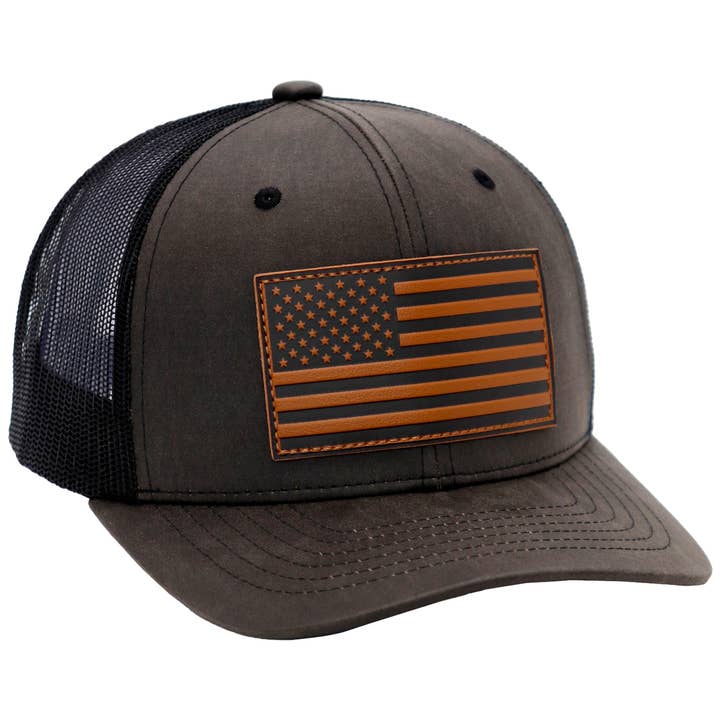 Cap Zone - Wholesale Trucker Hat - Unisex - American Flag Patch Oiled Faux Leather Trucker Hat