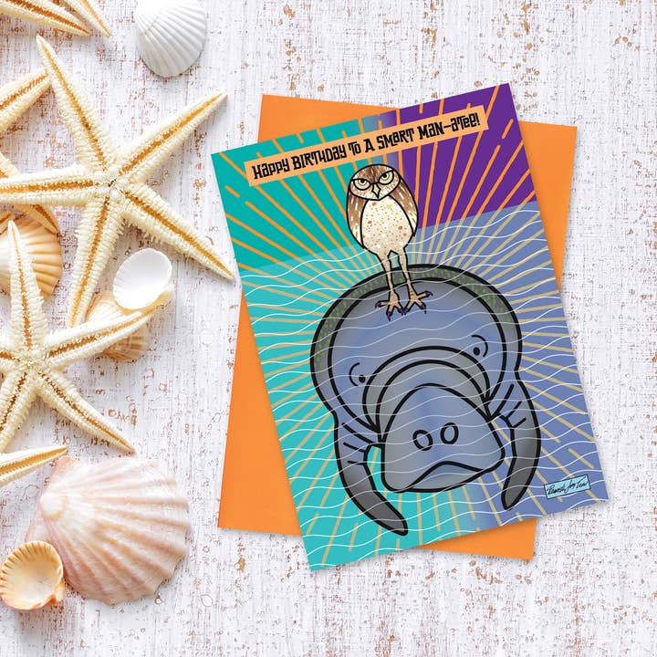 The Art of Pamela Joy Trow - Wholesale Birthday Card - Happy Birthday Card for Men with Owl on a Manatee