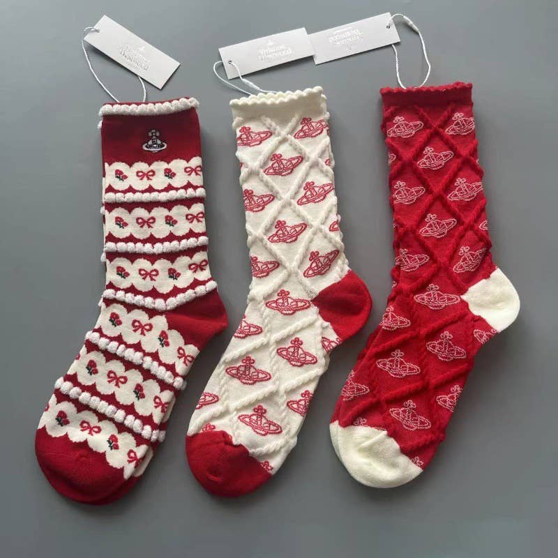 Tourtiwi - Wholesale Socks - Women's - Red Snowflake & Geometric Patterns Christmas Crew Socks37