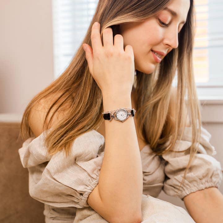 by M degrees - Wholesale Wrist Watch - Women's - 80s Vintage Style Women's Silver Watch Black Leather Strap1