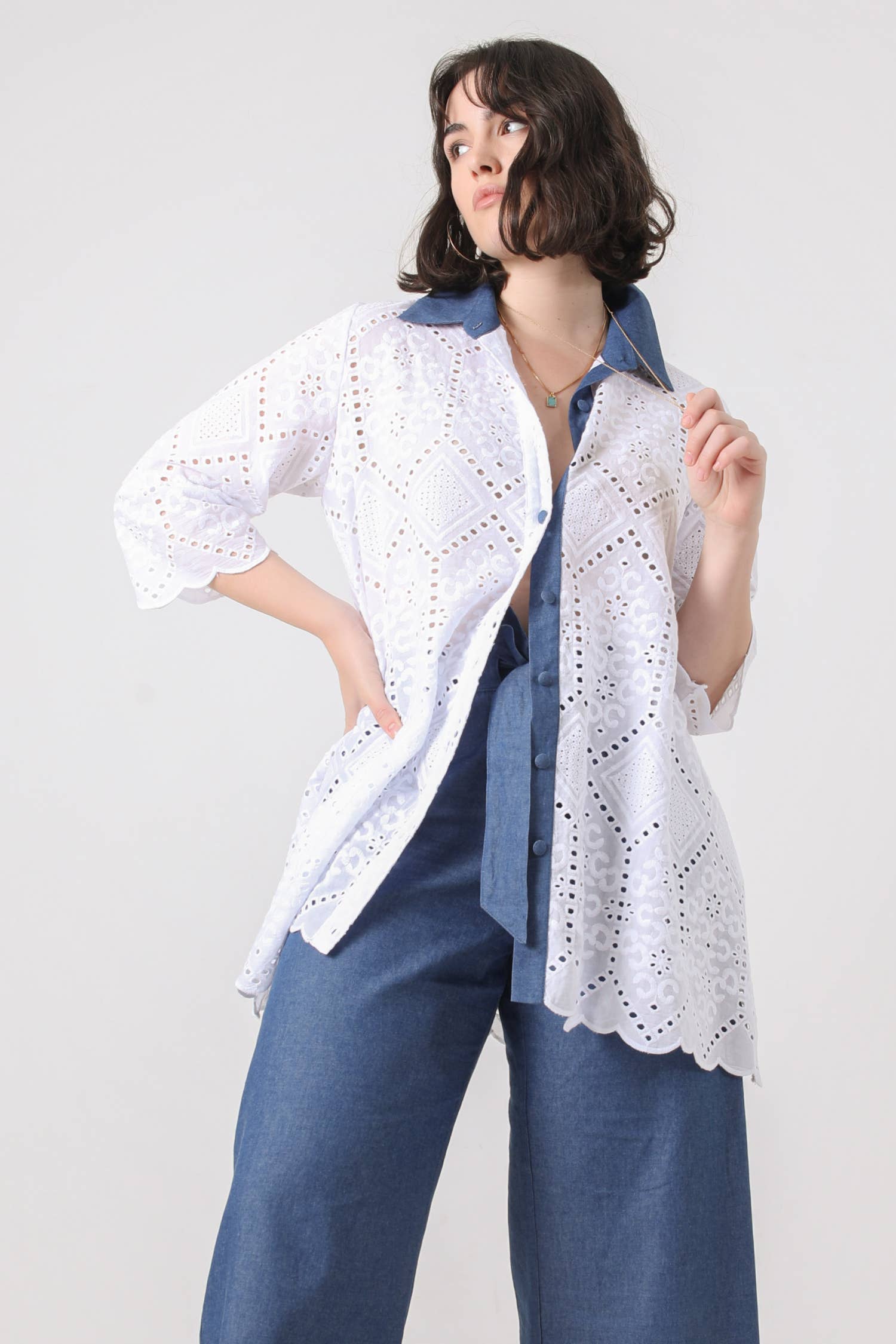 Jean-Marc-Philippe - Wholesale Button Down Shirt - Women's - A-line shirt in English embroidery