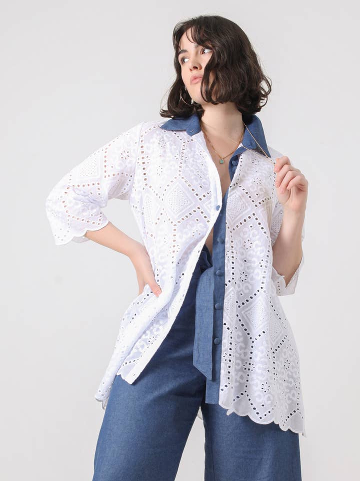 Jean-Marc-Philippe - Wholesale Button Down Shirt - Women's - A-line shirt in English embroidery0