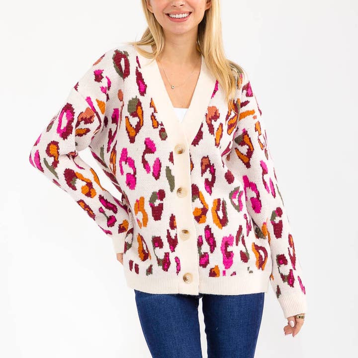 J22006- Multicolor leopard button-down cardigan for wholesale by IWT Brands