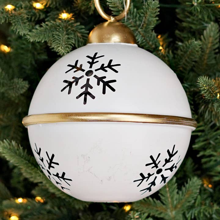 570533- 6.5inD White Jingle Bell w. Golden edge and Snowflak for wholesale by Holiday Depot Inc.