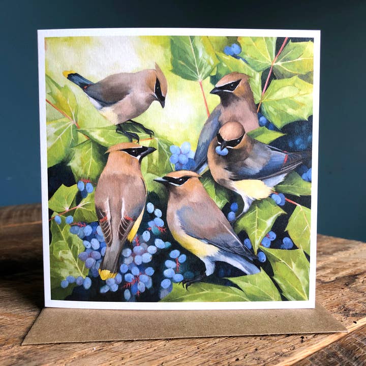 Cedar Waxwings Flock - Blank Note Card for wholesale by Amy Shawley Paquette